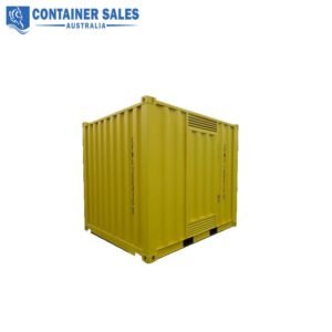 Yellow shipping container seen from a three-quarter perspective on a white background.