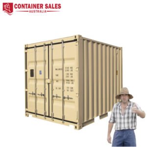 Shipping container with the 'Container Sales Australia' logo in the corner; a man in a plaid shirt and wide hat stands beside it giving a thumbs-up.
