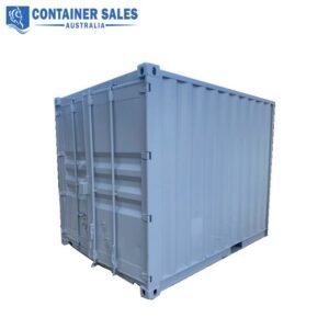 Grey shipping container with closed double doors and locking bars, angled view; Container Sales Australia logo in the top left.