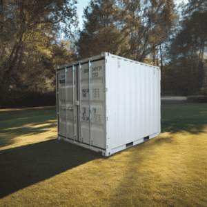 White shipping container placed on a grassy field with trees in the background, casting a long shadow on the ground