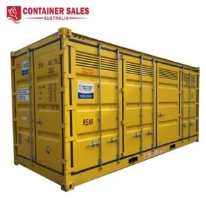 Yellow shipping container with rear doors and metal locking bars, branded by Container Sales Australia in the top-left corner.