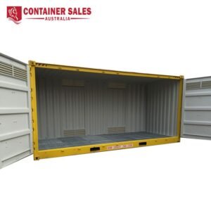 Container Sales Australia logo above an open yellow shipping container with an empty corrugated metal interior visible inside