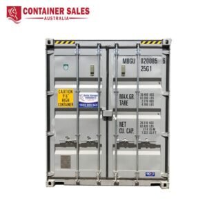 Front view of a gray shipping container with double doors, vertical locking bars, and warning labels; Container Sales Australia logo is in the top-left.