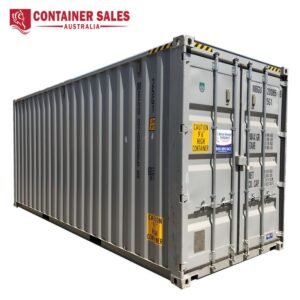 Grey shipping container with yellow caution labels, displayed at an outdoor setting; logo reads 'Container Sales Australia' in the top-left corner.