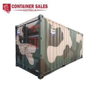 Camouflage shipping container with Container Sales Australia logo in the top left.