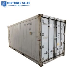 Gray shipping container with its doors closed, labeled TRITON, shown against a white background. Branding for Container Sales Australia appears in the top-left corner.