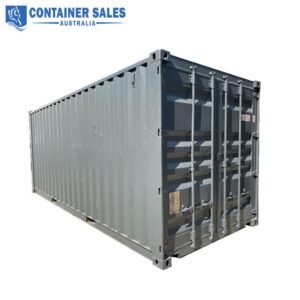 Grey shipping container seen from a corner with its double doors on the right; Container Sales Australia logo appears in the top-left.