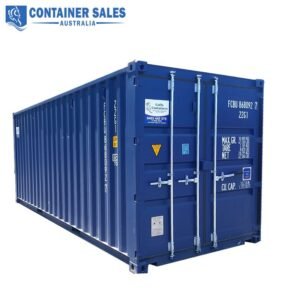Blue shipping container with double doors and transport markings, branded by Container Sales Australia for storage/transport use.