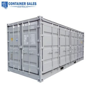 Grey shipping container with metal doors and latches, angled view; ideal for storage or freight. (Informative image)