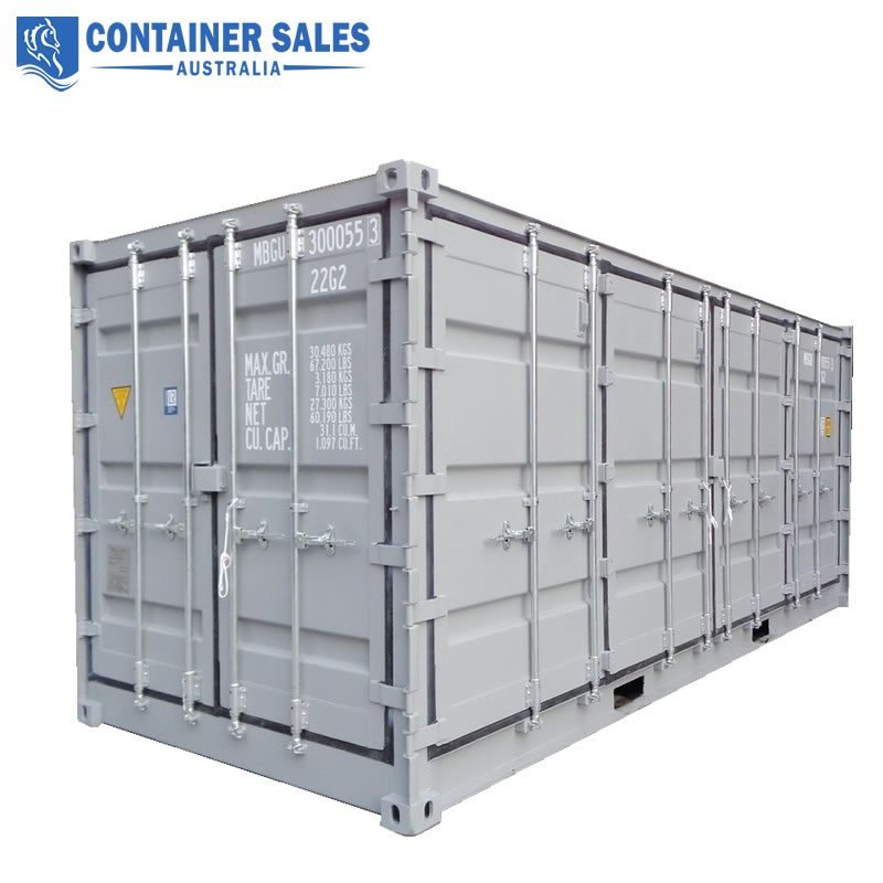 20ft Side Opening Shipping Container For Sale 1 Grey shipping container with metal doors and latches, angled view; ideal for storage or freight. (Informative image)