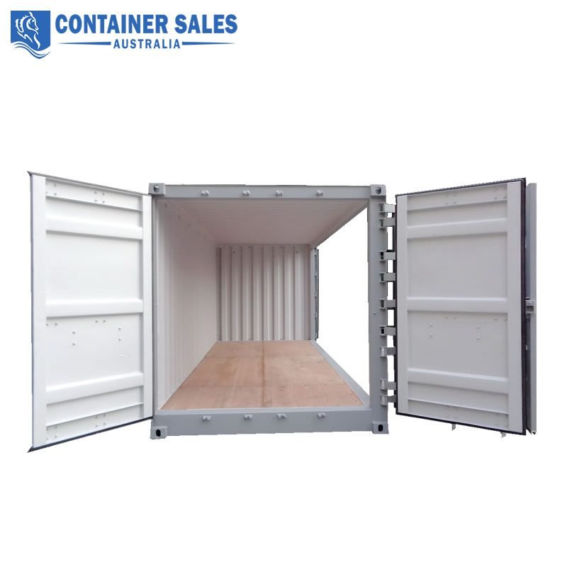 20ft Side Opening Shipping Container For Sale 6 Open empty steel shipping container with wooden floor; both doors wide open, logo 'Container Sales Australia' visible in top-left.