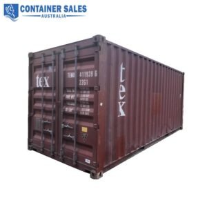 Maroon shipping container with 'tex' logo, photographed at an angle on a white background; Container Sales Australia branding in the corner.