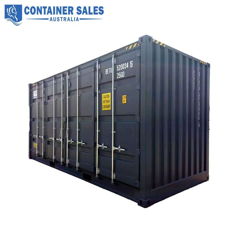 20ft Side Opening Shipping Container For Sale 7 Dark blue shipping container with metal doors and vertical locking bars, shown from the side, with Container Sales Australia logo in the top-left corner.