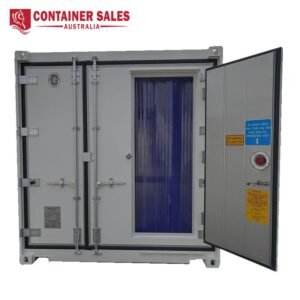 Insulated ISO shipping container with one hinged door open, revealing a blue interior curtain and security latches; container sales branding visible in the top-left corner.
