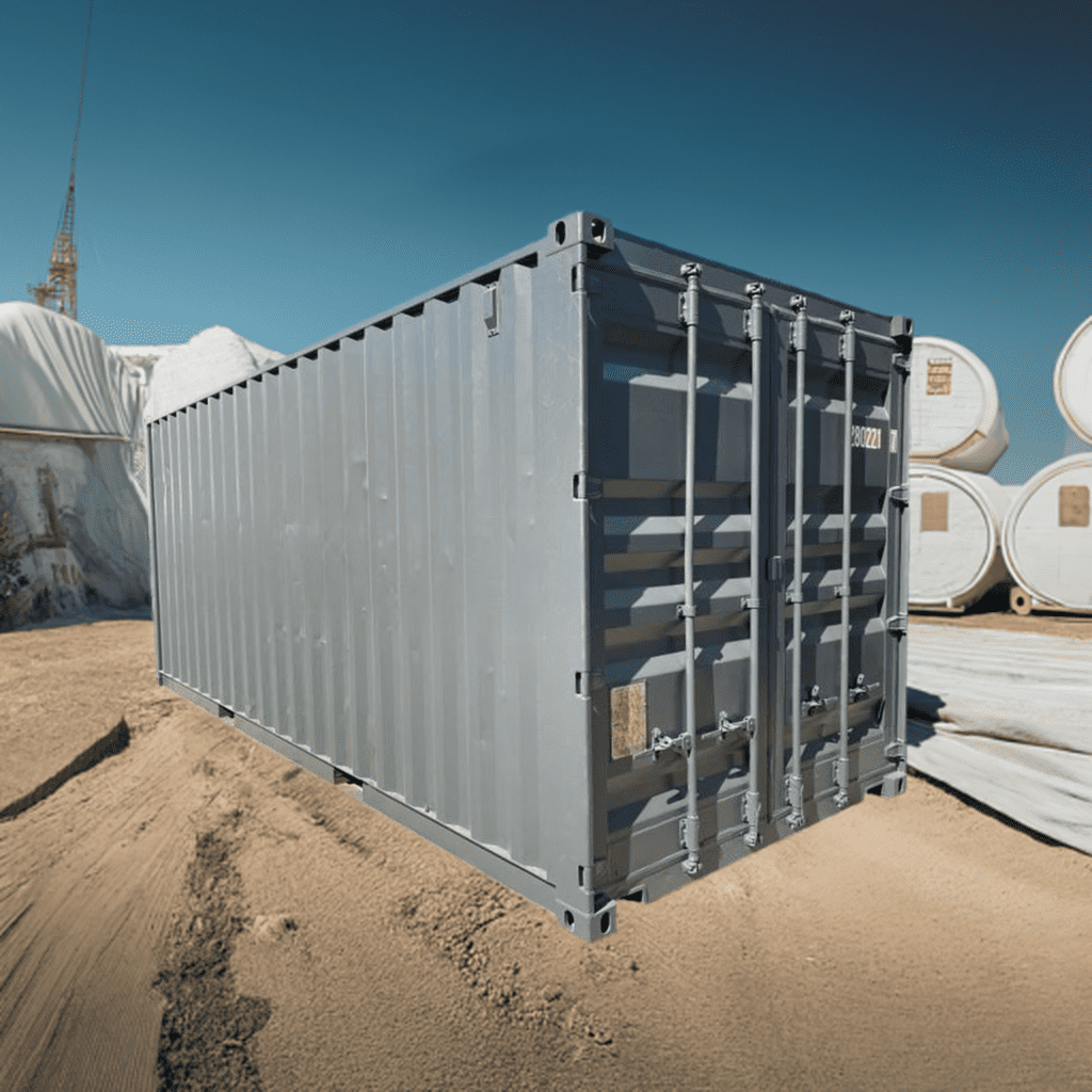 Gray metal shipping container on a sandy construction site with large white rolls in the background