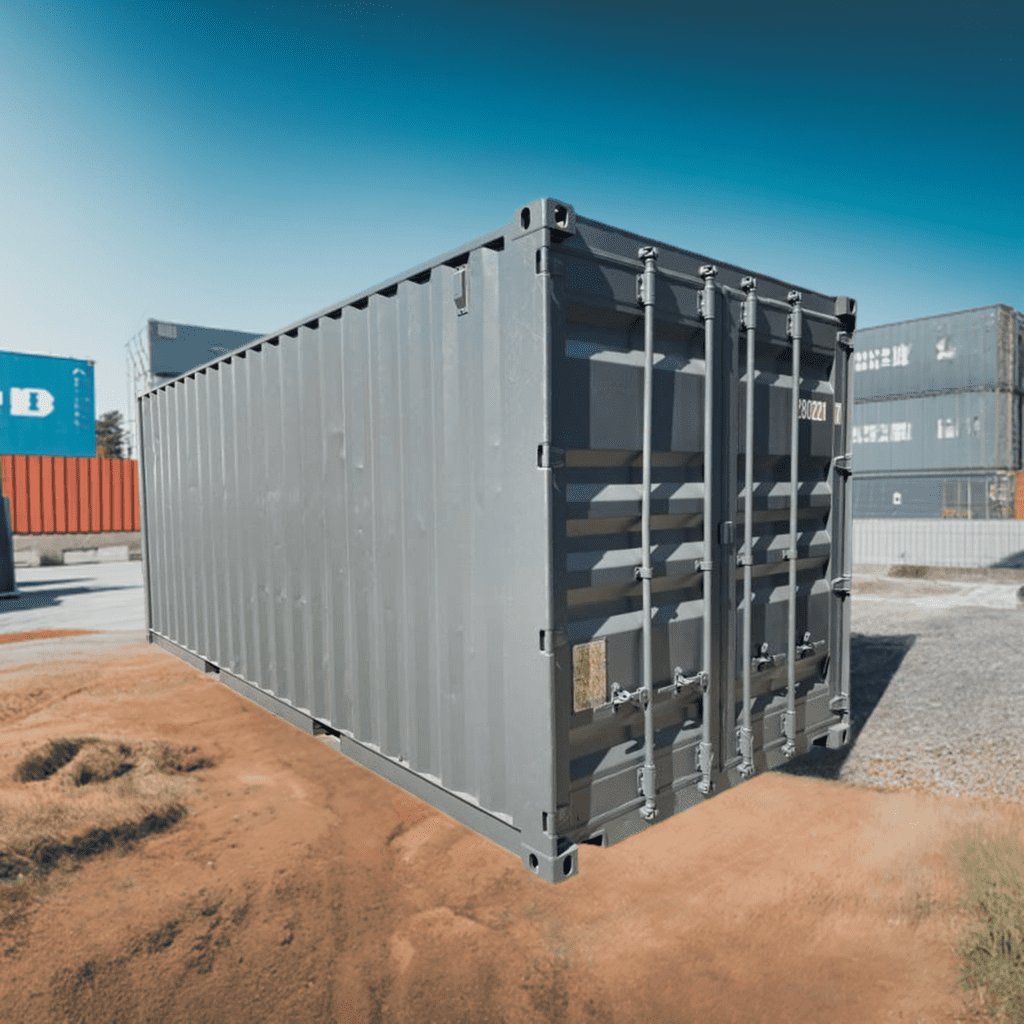 Gray shipping container in a storage yard with other containers in the background and dirt ground nearby.