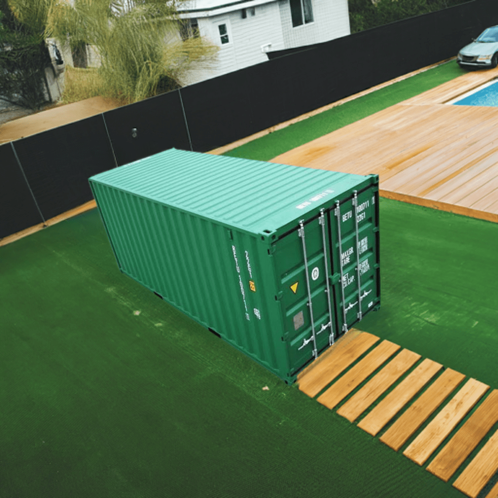 Large green shipping container placed in a backyard with a wooden path leading toward it and a pool on the right side