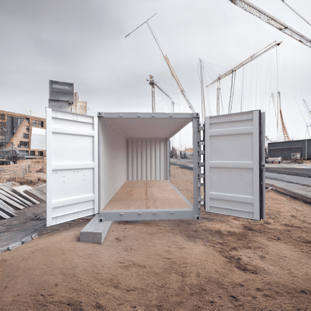 20ft Side Opening Shipping Container For Sale 3 Open empty shipping container on a construction site, with cranes visible in the background, under a cloudy sky.