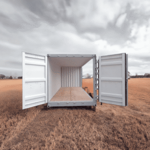 Empty shipping container with doors wide open in a dry field, showing wooden floor inside.