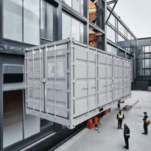 Shipping container being lowered into a building site by crane, with workers observing nearby.