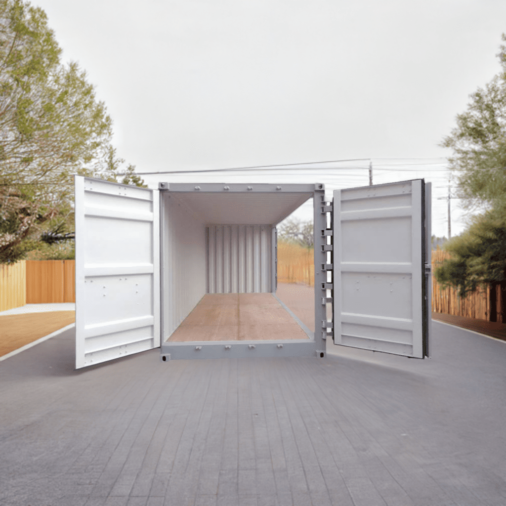 20ft Side Opening Shipping Container For Sale 4 Open shipping container on a paved road, empty interior with wooden floor low-angle view.
