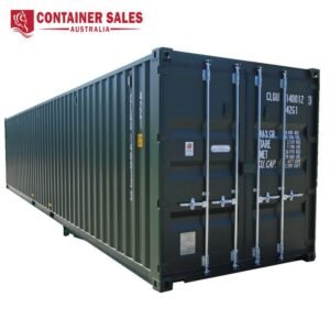 Angled view of a dark green steel shipping container with rear double doors and metal locking bars; Container Sales Australia logo in the top left.