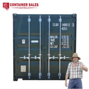 Shipping container for sale with a man in a hat giving a thumbs up; Container Sales Australia logo in the top left.