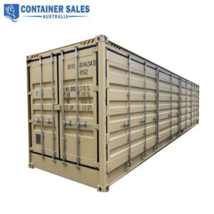 Beige shipping container with metal locking bars, photographed from a front-side angle, with the 'Container Sales Australia' logo in the top-left corner.