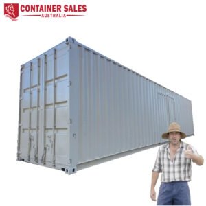 Large shipping container with a man in a hat and plaid shirt giving a thumbs up, branding for Container Sales Australia in the corner