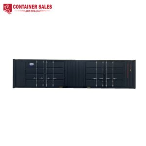 Long dark-blue shipping container with two sets of double doors and metal locking bars on a white background; Container Sales Australia branding in the corner.