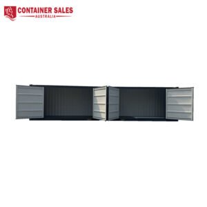 Two gray shipping containers with doors open, connected together to form a continuous storage space (Container Sales Australia logo in top-left).