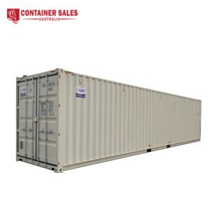 Long beige shipping container with double doors on a white background and a red Container Sales Australia logo in the top-left corner.