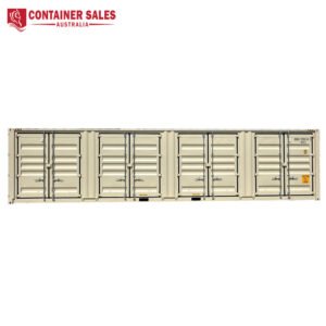 Long beige shipping container with multiple doors and vertical locking bars on a white background, brand logo in corner.