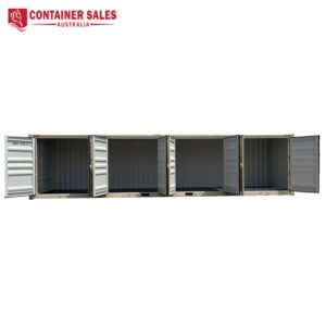 Row of five empty shipping containers with their doors open, against a white background; Container Sales Australia logo in the top-left.