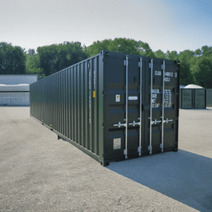 Long, dark green shipping container in an outdoor yard with trees in the background, metal doors closed and latching bars visible.