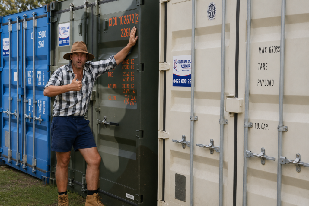 Man wearing a hat and plaid shirt giving a thumbs-up while leaning against a dark green shipping container, with blue and white containers in the background.