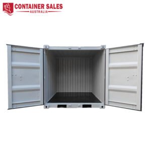 Open grey shipping container with doors fully ajar, empty ribbed interior for storage or transport (Container Sales Australia logo top left)