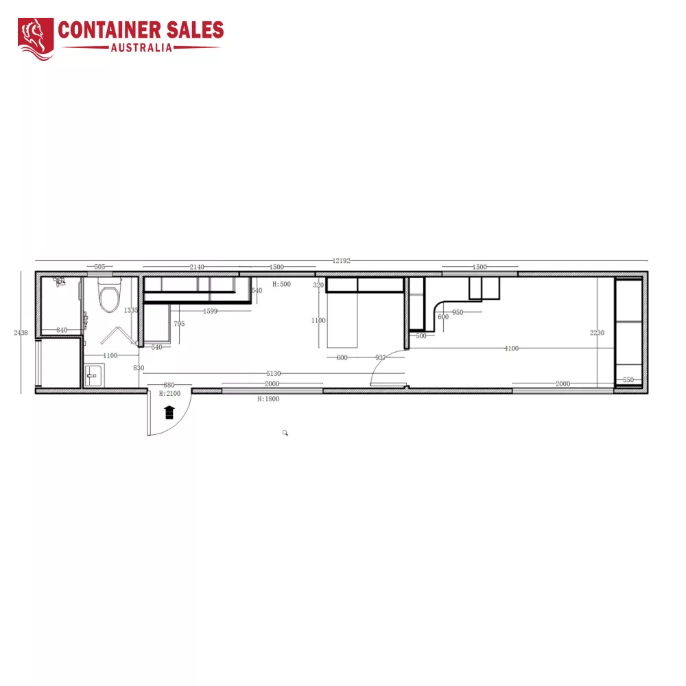 40ft High Cube Accommodation Container Home 6 Floor plan of a long rectangular container: entry at bottom left, bathroom and small rooms on the left, and a large open area on the right.