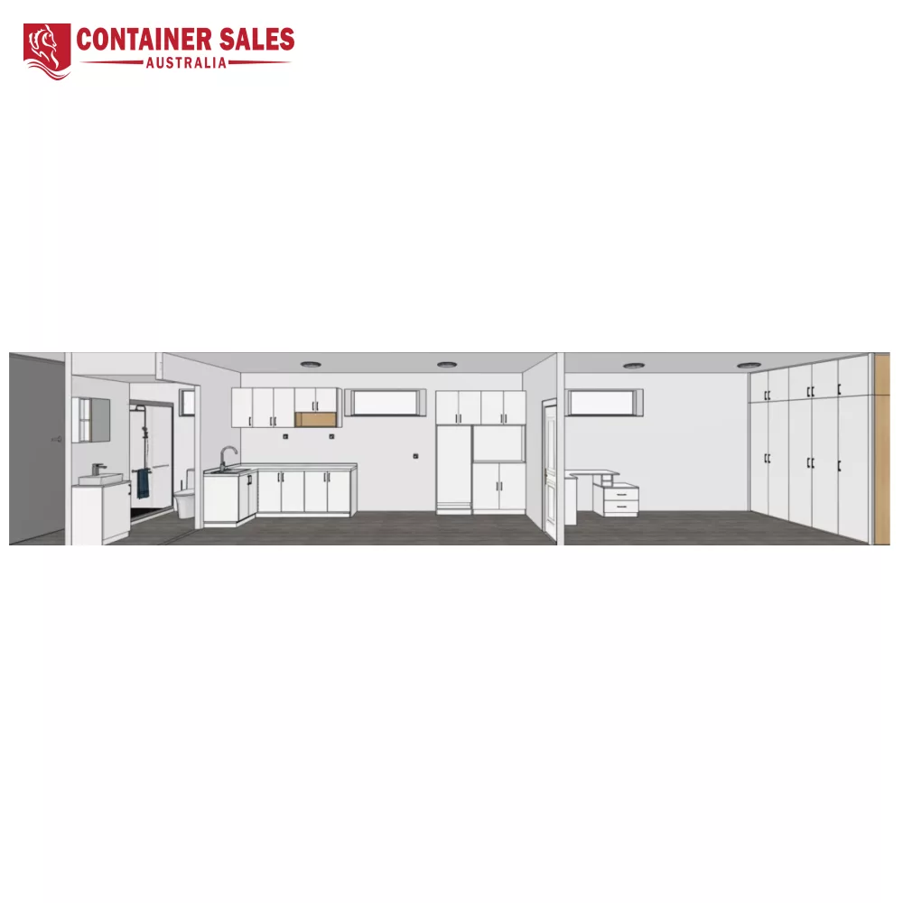 40ft High Cube Accommodation Container Home 7 Panoramic interior rendering of a long kitchen with white cabinets, a sink, fridge, and a separate tall storage wall on the right, all on dark wood flooring.