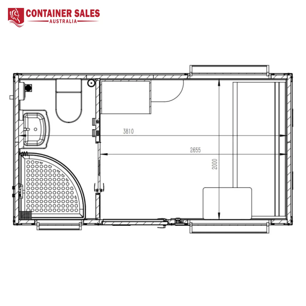 4m Accommodation Unit (Box) – Portable Cabin 5 Floor plan of a compact container home: left bathroom with curved shower, toilet and sink; right living/sleeping area with bed; dimensions shown.