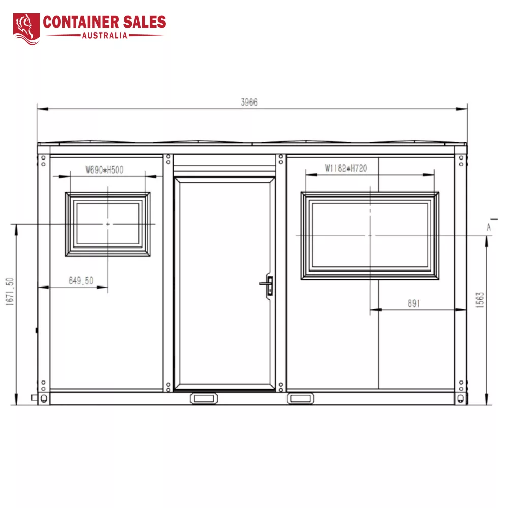 4m Accommodation Unit (Box) – Portable Cabin 6 Technical elevation of a large shipping container with three door panels, window frames, and dimension annotations from Container Sales Australia