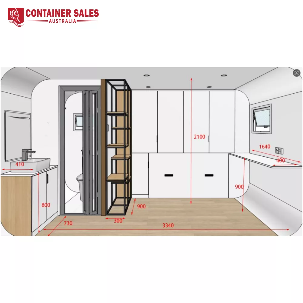 4m Pod House – Backyard Studio Pod 5 3D interior layout of a kitchen/storage area in a container home, with labeled dimensions and shelving units.