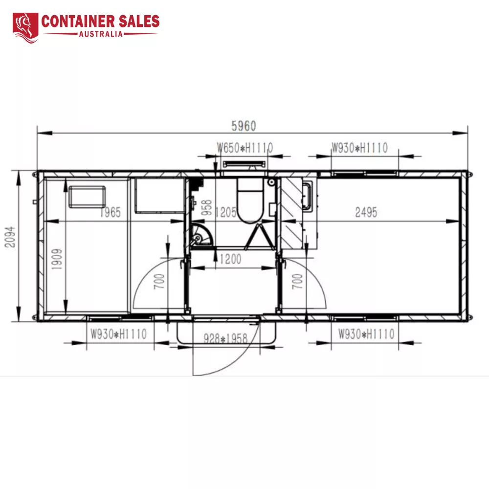 6m 2-Room Accommodation Unit (Type C) 5 Technical floor plan of a rectangular container: entry door at bottom center, left room, central bathroom, and a large right area; overall length 5960 mm and width around 2094 mm.