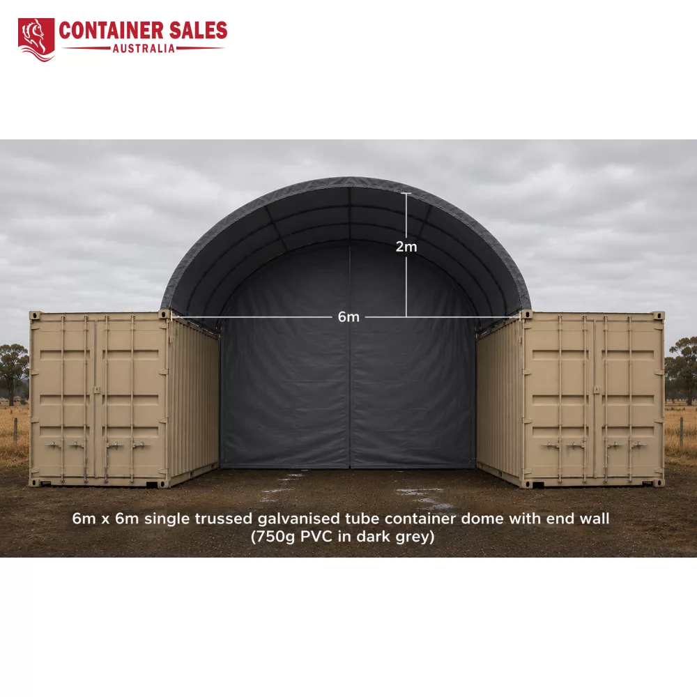 6×6m Container Dome Shelter with End Wall — Ag & Equipment Cover 1 Grey PVC dome shelter between two beige shipping containers, showing 6m by 6m footprint and a 2m arch height (cloudy sky).