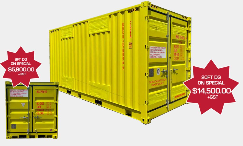 Two yellow shipping containers with red sale signs showing prices: 9ft for $5,900 and 20ft for $14,500 against a light background.