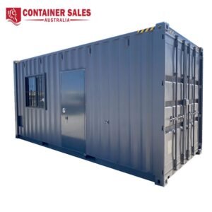 Blue steel shipping container with a side door and window, used for storage; logo 'Container Sales Australia' appears in the top left.