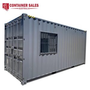 Grey shipping container with a barred window, shown on a white background with the Container Sales Australia logo in the top-left.