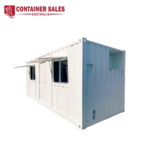 White portable container office with a door, windows, and an overhang, branded Container Sales Australia.